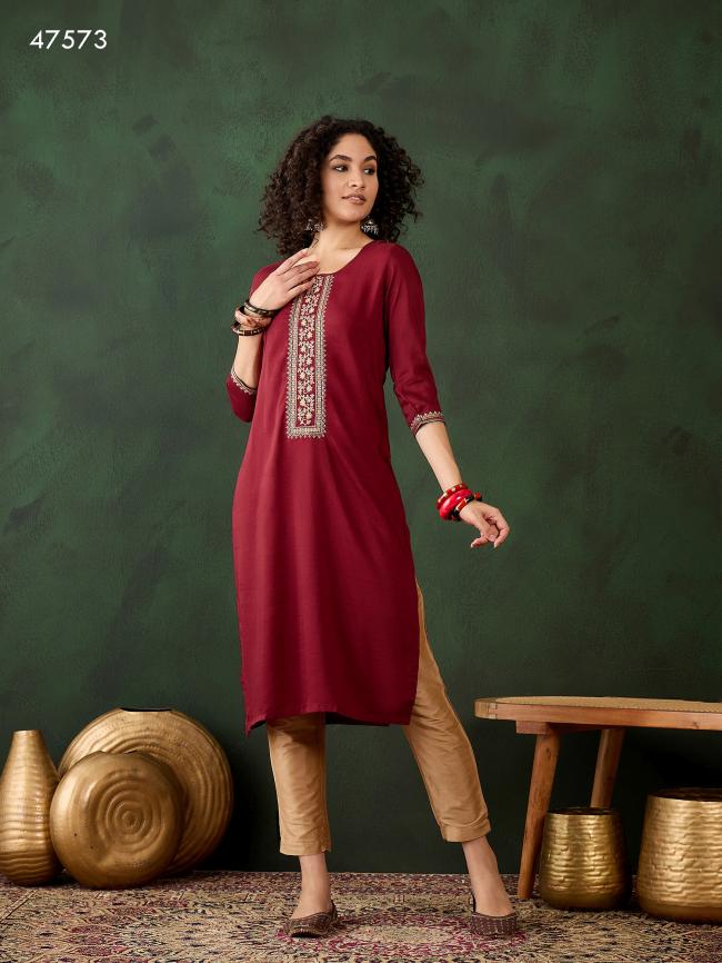 Rayon Maroon Office Wear Embroidery Work Readymade Kurti